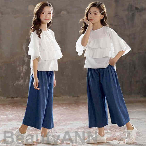 新生活 子供服 セットアップ キッズ 女の子 2点セット 半袖 デニムパンツ シャツ+9分ズボン カジュアル パンツセット 春夏着 上下セット ワイドパンツ 小...