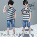新生活 子供服 セットアップ ジャージ キッズ 男の子 2点セット 半袖 シャツ+5分ズボン カジュアル パンツセット 春夏着 上下セット デニムパンツ 可愛い...