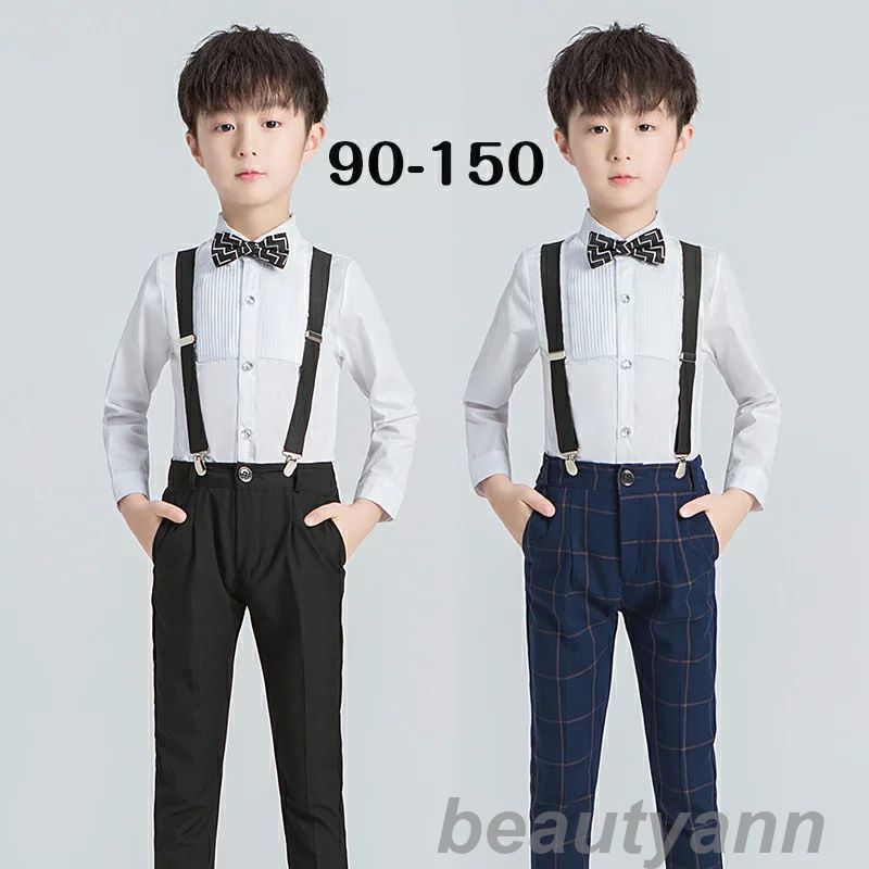 子供4点セット 子供スーツ かっこいい ロング丈 ネイビー チェック ブラック パンツ+シャツ+蝶ネクタイ+サスペンダー 七五三 入園式 入学式 卒業式 子供服...