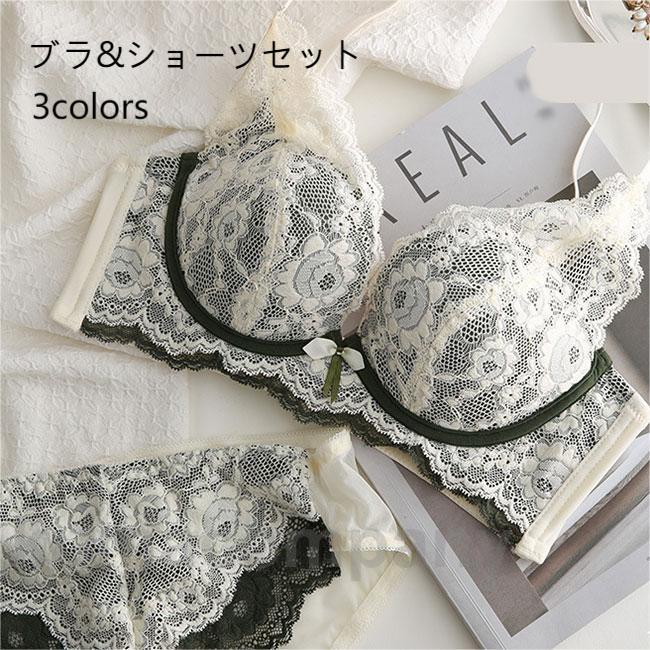 レースブラ ショーツ セット レディース 盛れる ブラ ノンワイヤー レースショーツ 2点 3/4カップ ブラジャー 胸を大きく見せる 下着 補正 脇肉 脇高