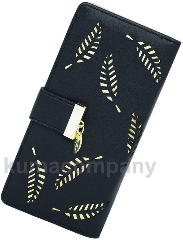 レディースウォレットホローリーフパターン二つ折りレザーレディロングウォレット財布ジッパーハンドバッグボタンクラッチバッグ(ブラック) km