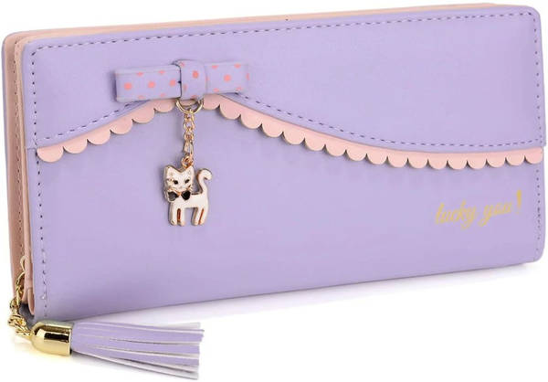レディース二つ折り電話クラッチウォレットカード財布12スロットジッパーコインポケットキャットペンダントタッセルデコPUレザー km