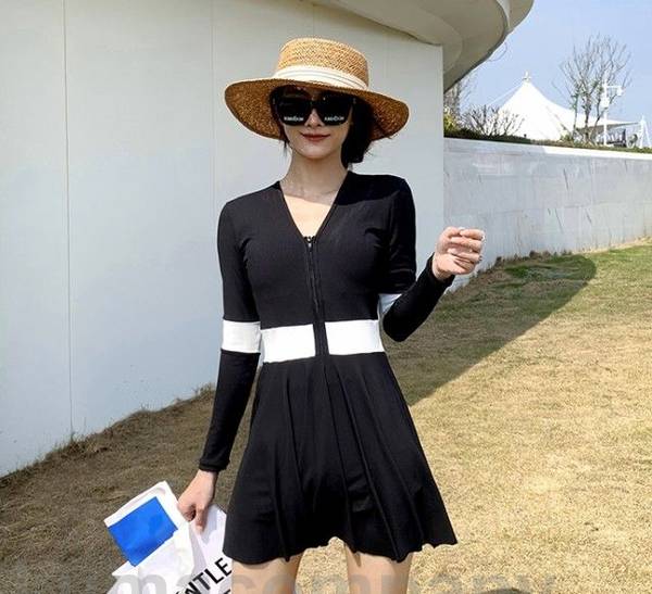 水着 レディース ワンピース 体型カバー ラッシュガード 長袖 スカート パンツ 黒 ライン 大きいサイズ 3L 4L 5L 6L ぽっちゃり フィットネス ビーチ プール 海 露出控えめ 日焼け防止 20代 30代 40代