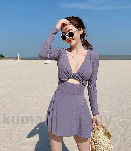 水着 ワンピース レディース ワンピース水着 体型カバー 長袖 大きいサイズ 白 韓国 ママ フロントクロス スカート フリル ハイウエスト 露出控えめ ぽっちゃり フレア 上品 20代 30代 40代 ビーチ リゾート