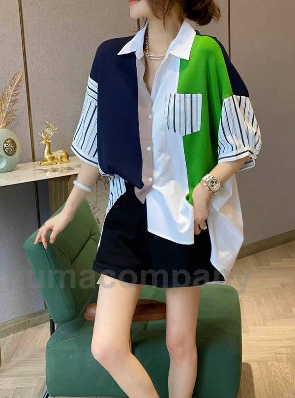 襟付き オーバーサイズ シャツ レディース ストライプ 半袖 トップス 夏 春 パネル切り替え シャツブラウス チュニック 大きいサイズ ドロップショルダー 韓国 ファッション おしゃれ マルチカラー 無地 カジュアル 個性的 km(4)