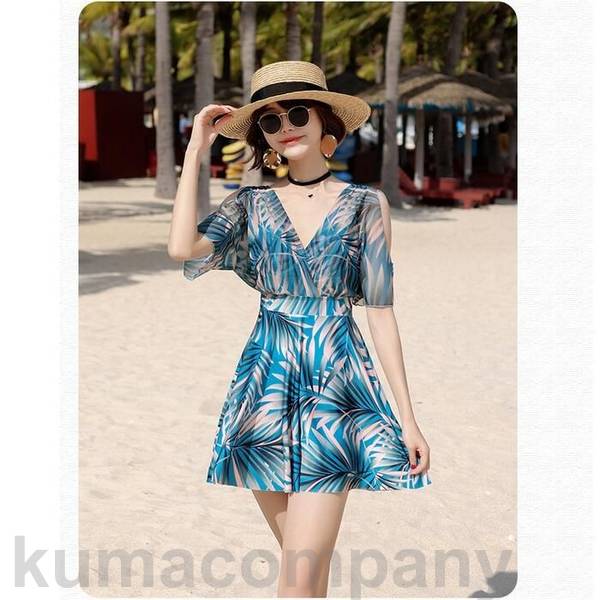 レディース 水着 半袖 ボタニカル ワンピース フリル シアー おしゃれ スイムウェア 体型カバー エレガント リゾート 海 プール 夏 フェミニン きれいめ 大人 可愛い 二の腕カバー Vネック ブルー 青 20代 30代 40代 50代