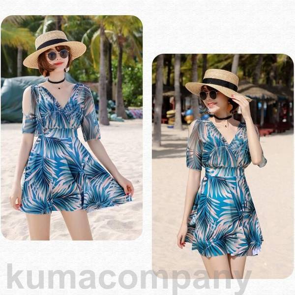 レディース 水着 半袖 ボタニカル ワンピース フリル シアー おしゃれ スイムウェア 体型カバー エレガント リゾート 海 プール 夏 フェミニン きれいめ 大人 可愛い 二の腕カバー Vネック ブルー 青 20代 30代 40代 50代