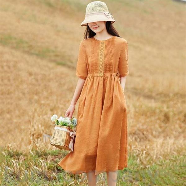 ロングワンピース ワンピース レディース リネンワンピース 夏 夏服 ワンピ 女性 丸首 花柄 綿麻 半袖 ポケット付き マキシ丈 ロング丈 ゆったり くびれ 体型カバー 無地 きれい