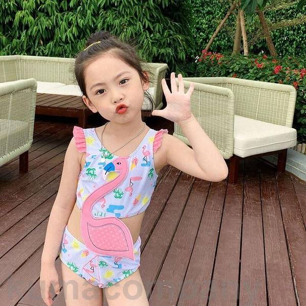 子供水着 90~140cm 花柄 フリル ワンピース水着 フラミンゴ キャップ付き 子ども ジュニア スクール水着 みずぎ ラッシュガード 水着 女の子 ガール...
