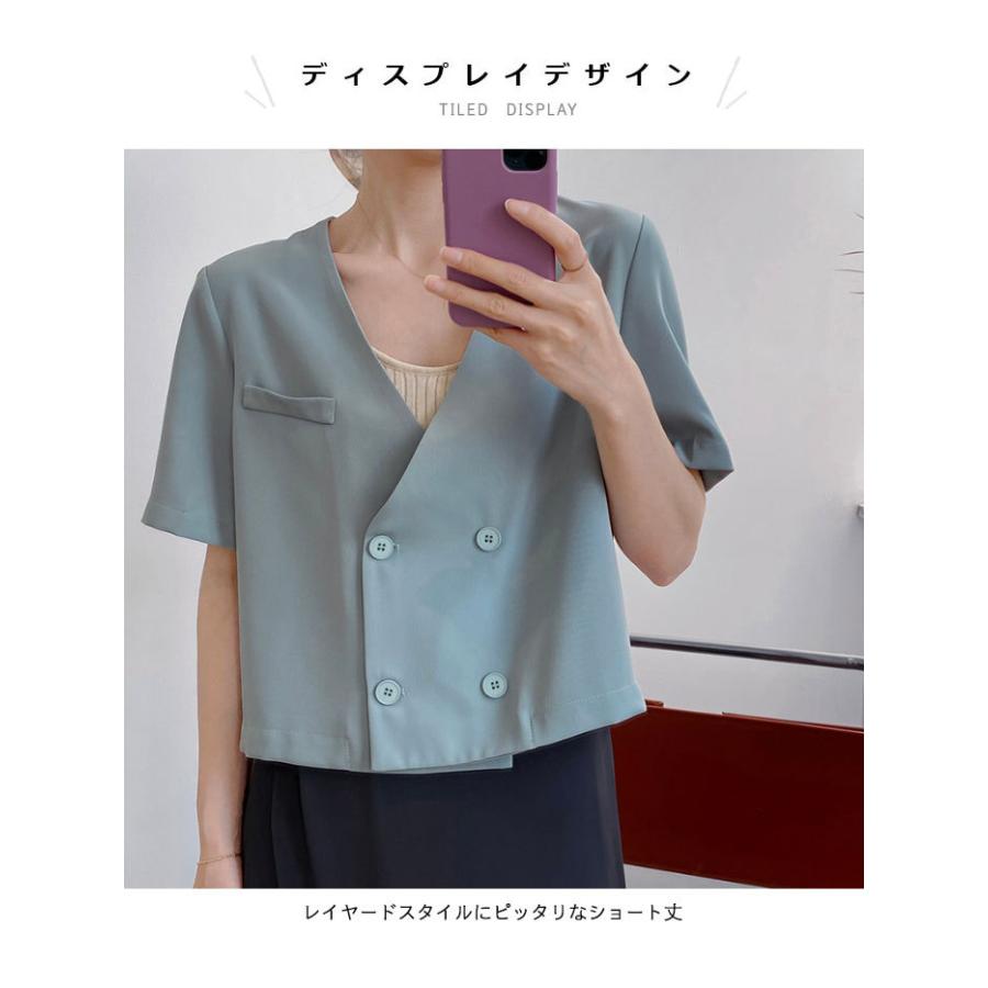 ノーカラージャケット レディース ジャケット ショート丈 テーラード ショートジャケット 半袖 Vネック ノーカラー ダブルボタン バレンタイン プレゼント