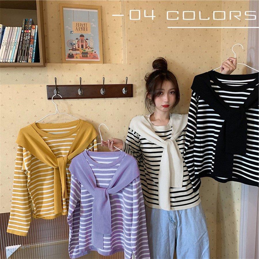 ボーダー柄 ニットトップス レディース 長袖 ニットセーター ショール付き お洒落 ゆるニット プルオーバー 春秋冬ポス可 バレンタイン プレゼント