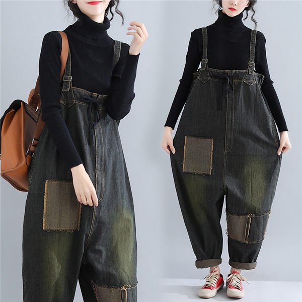 サロペットデニムパンツ レディース パンチ オーバーオール 九分丈 ヴィンテージ風 デニム おもしろい 体型カバー バレンタイン プレゼント