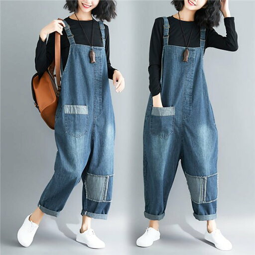 サロペットデニムパンツ レディース ガウチョパンツ ポケット付き カモフラ 配色切替え サルエル‐パンツ 体型カバー バレンタイン プレゼント サロペットデニムパンツ レディース ガウチョパンツ ポケット付き カモフラ 配色切替え サルエル‐パンツ 体型カバー バレンタイン プレゼント