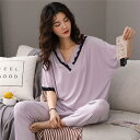 パジャマ レディース 春夏 上下セット 半袖 モーダル素材 ルームウェア 2点セット Tシャツ ロング丈パンツ 無地 薄手 姫系 寝巻き 部屋着 快適 可愛い バレンタイン プレゼント