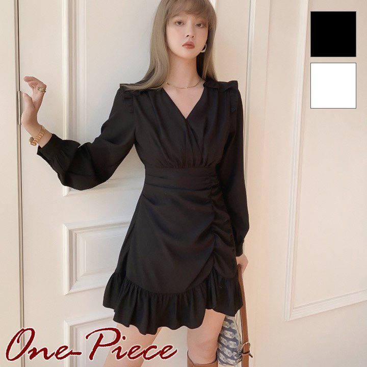 ワンピース ノーカラー Vネック シャーリング 長袖 ワンピ 韓国ファッション 総柄 タイト スリムフィット 美ライン シンプル フェミニン バレンタイン プレゼント