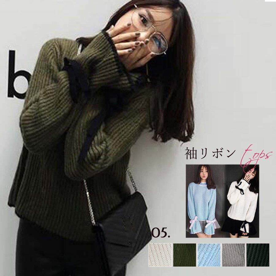 ニット トップス レディース 秋冬 長袖 ニット セーター リボン 無地 ニットプルオーバー 大人カワイイ..