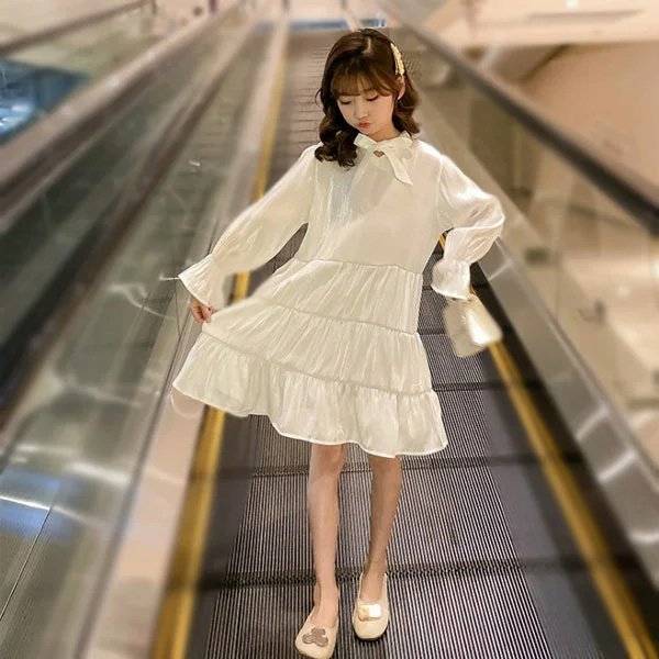 子ども服 ワンピース 女の子 新作 長袖ワンピ 蝶結び ホワイト 膝丈 春 夏 秋 普段着 通園 通学 韓国子供服 子供ワンピ カワイイ スウィート 110cm...