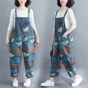 サロペットデニムパンツ レディース デニムパンツ 総柄 パンツ 可愛い お洒落 楽ちん きれいめ お出かけ バレンタイン プレゼント