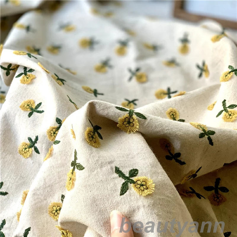 新生活 生地 手芸 布 綿 手作り 刺繍生地 小花柄 3D立体 可愛い刺繍 綿麻 コットン...