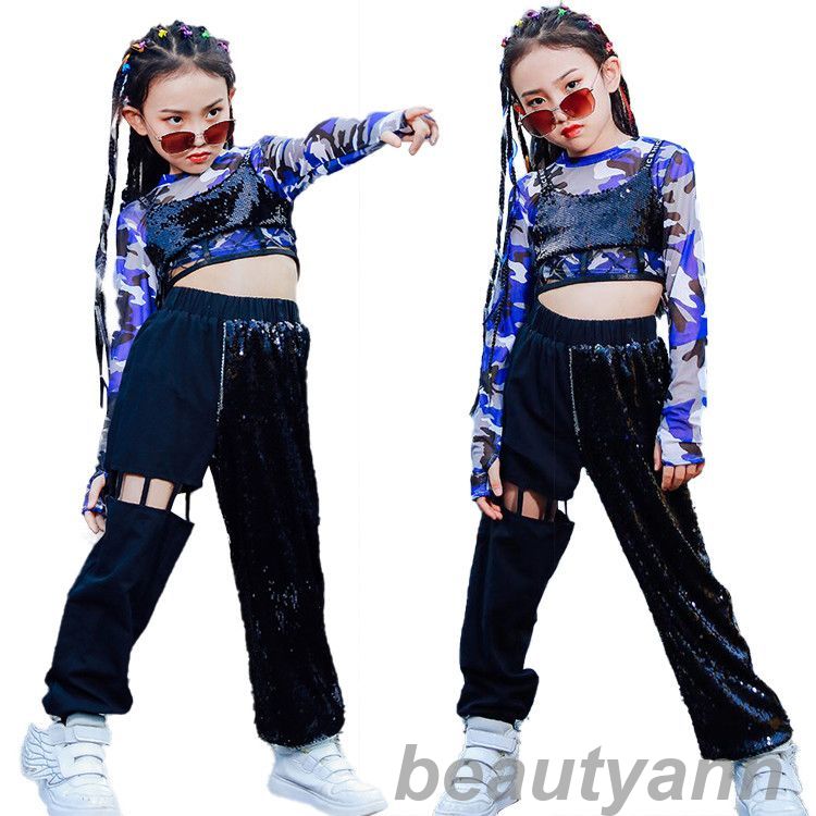 スパンコール 子供服 へそ出し ヒップホップ キッズダンス衣装 セットアップ 女の子 迷彩 ダンス 衣装 ヒップホップ キッズ ダンス衣装 キラキラ 上下 パン...