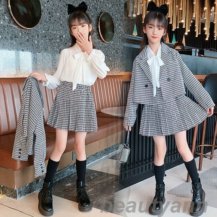 子供服 キッズ 卒業式 スーツ 女の子 小学生 中学生 制服 120 130 140 150 160 170 韓国 スカート 千鳥柄 フォマールスーツ 3点セッ...