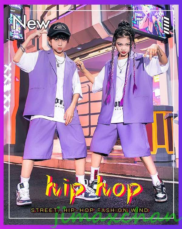 新生活 キッズ ダンス 衣装 ヒップホップ 紫 ダンススーツ セットアップ ベスト 韓国 男の子 女の子 演出服 ジャズダンス 袖なし 子供 カッコイイ ハーフパンツ ゆったり