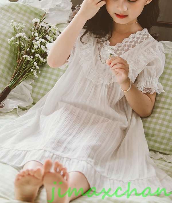 新生活 サマー 中袖 女の子/ルームウェア ワンピース ネック オフショルダー 寝巻きネグリジェ ロングスカート 膝丈 パジャマ レース