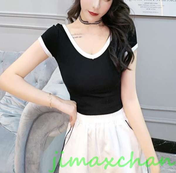 新生活 サマー 胸開き Tシャツ 半袖 タートルネック セーター レディースファッション タートル 胸開きタート セクシー Vネック ベアトップ ベアトップ 韓...