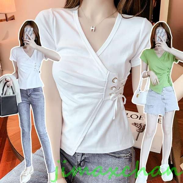 新生活 サマー 胸開き Tシャツ 半袖 タートルネック セーター レディースファッション タートル 胸開きタート セクシー Vネック ベアトップ禁シャツ