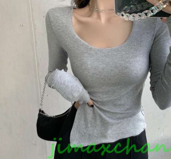 新生活 サマー Tシャツ 長袖 Uネック セーター 胸開き レディースファッション タートル 不規則 胸開きタート セクシーベアトップ ベアトップ 胸元 解禁シ...