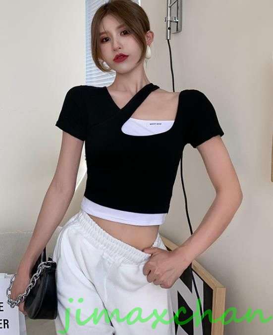 新生活 サマー 胸開き Tシャツ 半袖 Vネック セーター レディースファッション タートル 胸開きタート セクシー Vネック ベアトップ禁シャツ