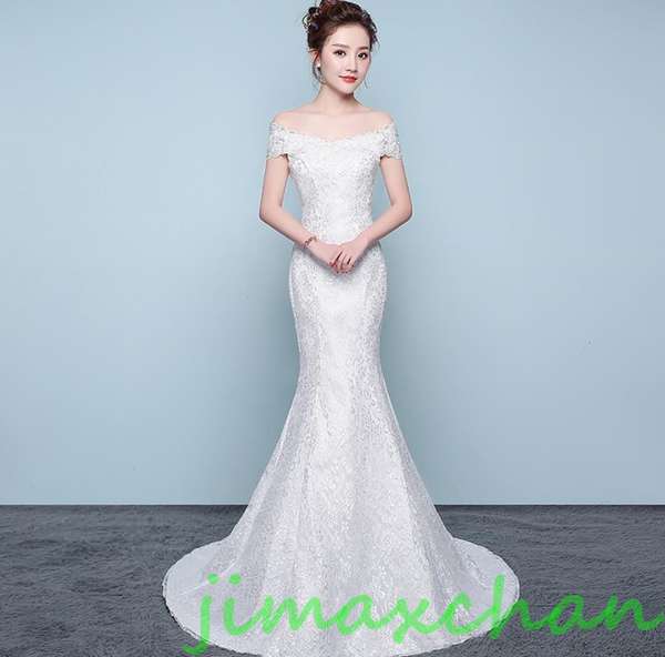 新生活 サマー /ウエディングドレス/花嫁/Aライン/マーメイド/無地/オフショルダー/トレーン 引き裾 ひきすそ パーティードレス ワンピース 写真撮影