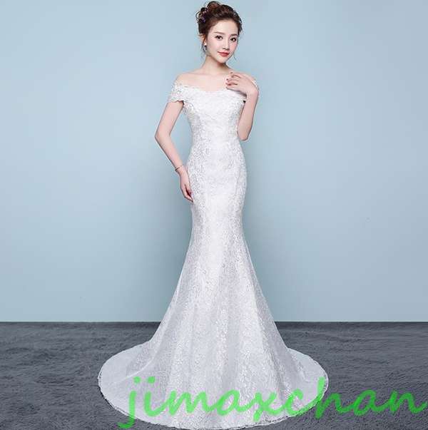 新生活 サマー /ウエディングドレス/花嫁/Aライン/マーメイド/無地/オフショルダー/トレーン 引き裾 ひきすそ パーティードレス ワンピース 写真撮影