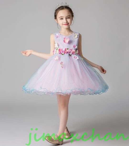 新生活 サマー 4color 100-140cm 子供服 女の子ワンピース ドレス カラードレス フラワーガール 丸首 花編 演出 お嫁さん/ピアノ 発表会?結...