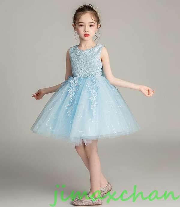 新生活 サマー 3color 110-160cm 子供服 女の子ワンピース ドレス カラードレス フラワーガール 丸首 花編 演出 お嫁さん/ピアノ 発表会?結...