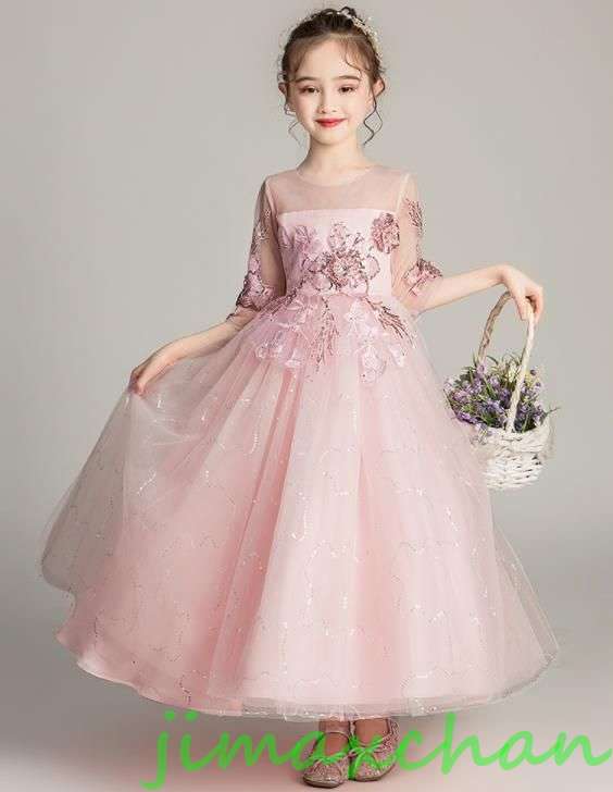 新生活 サマー 120-170cm 子供服 女の子ワンピース ドレス カラードレス フラワーガール 丸首 花編 演出 お嫁さん/ピアノ 発表会?結婚式?七五三