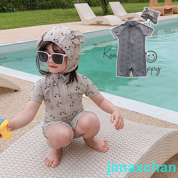 新生活 水着 オールインワン 女の子 男の子 ボーイズ ベビー水着 キャップ付き パンダ 紫外線カット 日焼け防止 子供用 こども みずぎ かわいい 赤ちゃん
