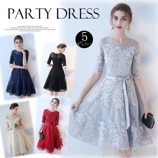 新生活 パーティードレス 膝丈 結婚式 お呼ばれドレス ワンピース 二次会 袖あり 透け感レース 魅力 同窓会 フォーマル 披露宴 卒業式 グレー ネイビー ブ...