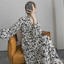 新生活 春夏 ワンピース レディースワンピ シフォンワンピ レディース Vネック ロング丈 花プリント 花柄 長袖 通勤 デート パーティー