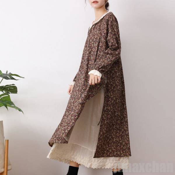 新生活 リネン ワンピース 長袖 花柄 レース ロング ワンピース下 丸襟 春夏秋 九分丈 レディース かわいい ナチュラル シンプル 綿 コットン 重ね着 カジュアル 森ガール
