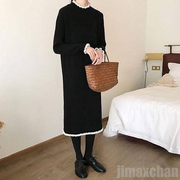 新生活 ニットワンピース ゆるい 体型カバー レディース 春秋秋冬長袖 ロング丈 カジュアル デート 旅行 通学 通勤 お出かけ 黒