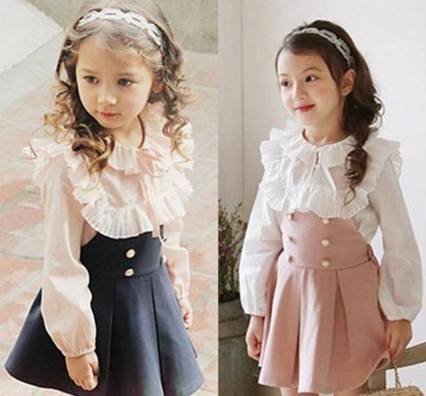新生活 気楽 春秋 子供服 女の子 2点セットおしゃれ お嬢様風長袖 Tシャツ ガータースカート キッズ ファッション 上下セットアップ 韓国子供服 レースガー...