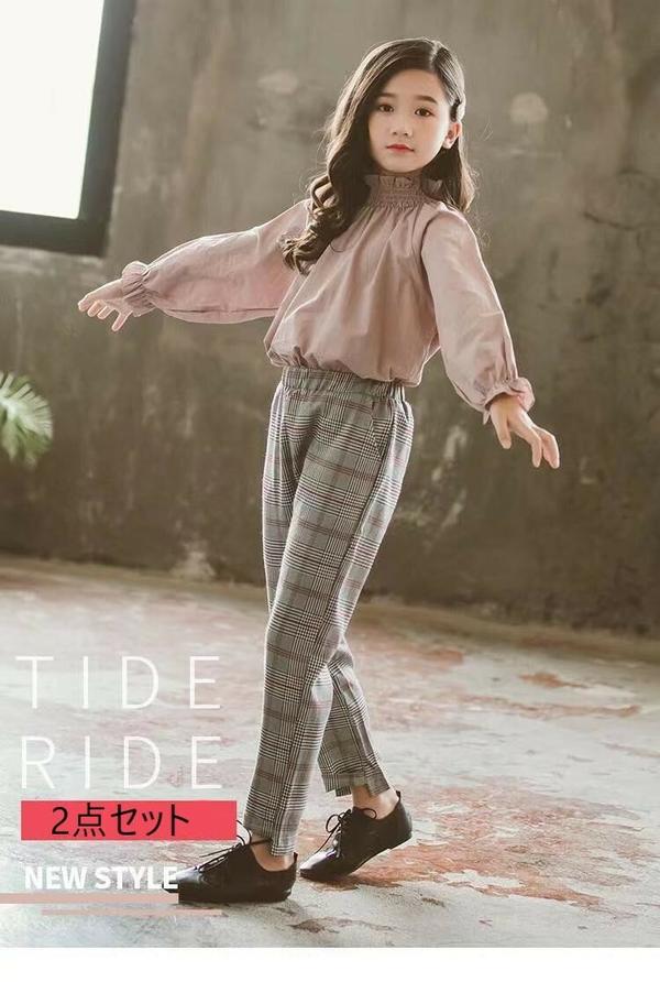 新生活 気楽 秋 韓国 韓国ファッション 子供 子ども服 子供服 女の子 セットアップ おしゃれ チェックパンツ 長袖 2点セット 上下セット カジュアル 可愛...