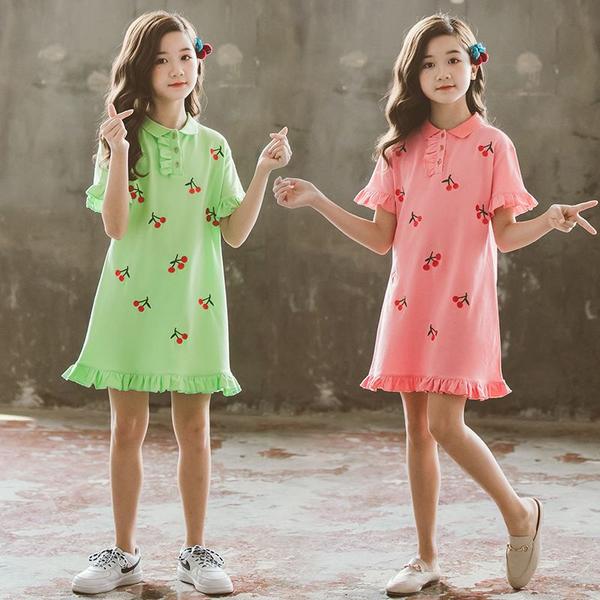新生活 気楽 韓国こども服 夏ワンピ かわいい 刺繍デザイン チェリー Tシャツ ワンピ子供 キッズ ワンピース 女の子 卒園式 入学式 学院風 110 120...
