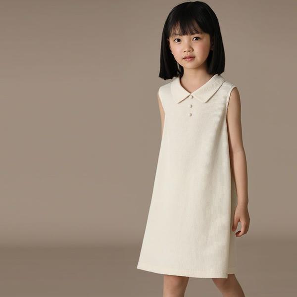 新生活 気楽 韓国こども服 夏服 ポロワンピース キッズ 女の子 袖無し 子供服 ノースリーブ ロングTシャツ 杏色 襟付き 衿付き 夏ポロ襟 無地 110 1...