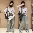 新生活 気楽 キッズ ダメージデニム ダメージジーンズ ダメージパンツ デニム パンツ ロングパンツ韓国 子供服 子ども服 おしゃれ 服 韓国ファッション 11...