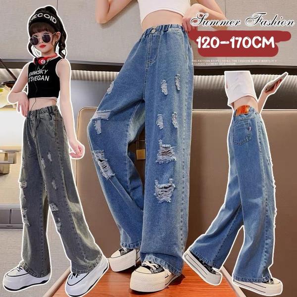 新生活 気楽 キッズ ダメージデニム ダメージジーンズ ダメージパンツ デニム パンツ ダメージ ロングパンツ 韓国 子供服 子ども服 おしゃれ 服 韓国ファッ...