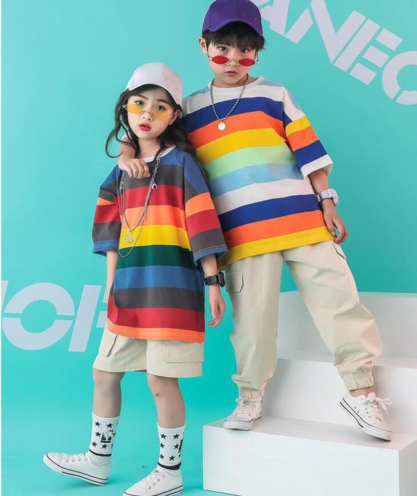 新生活 気楽 子供服 男女兼用 ヒップホップ衣装 ダンス衣装 キッズ 運動服 ボーダー柄Tシャツ ロングパンツ ショートパンツ 学生服 子供服 男の子 女の子ト...