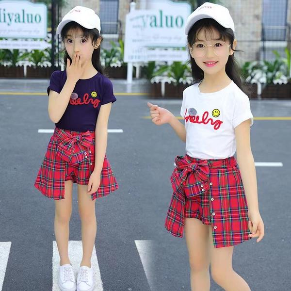 新生活 気楽 110-160CM 綿生地 女の子 セットアップ キッズ半袖 Tシャツ ショットパンツスカート 2点セット ジュニア 可愛い チェック柄 レッド ...