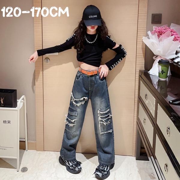 新生活 気楽 ベルト付き デニムパンツ 女子 中学生 女の子 かわいい 子供 子ども服 子供服 120 130 140 150 160 170 デニム ロングパ...